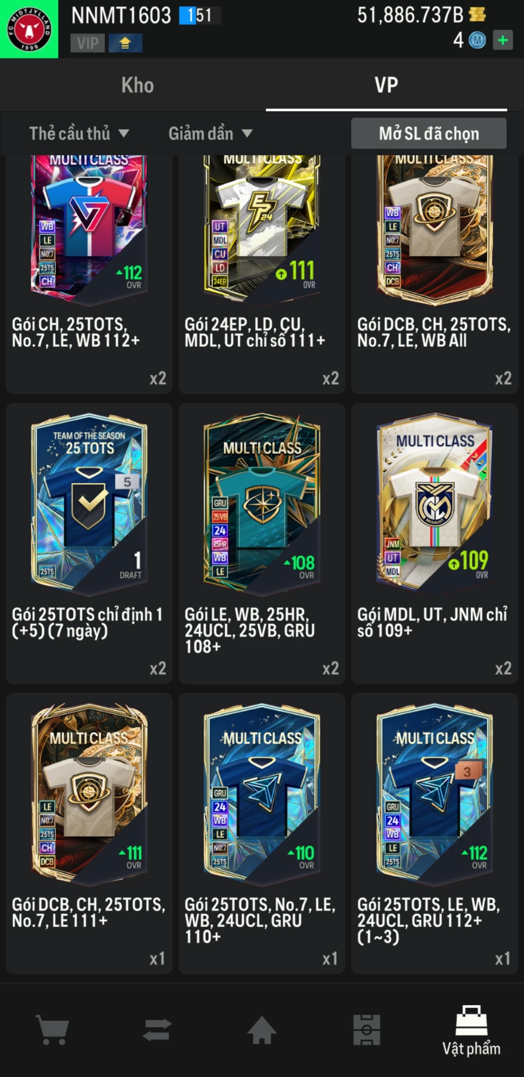 Ảnh ACC mở thẻ (LOẠI SVIP PROMAX) bao gồm có thẻ +12, Thẻ PRIME(QH+, CP+, XS+) và hơn 1500+ đến 1700+ thẻ cầu thủ từ Siêu sao đến Miền núi các loại. Acc có sẵn BP trắng từ 50.000 tỷ BP đến 62.000 tỷ BP